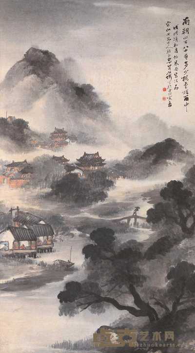 吴石僊 戊戌（1898年）作 楼台烟雨 立轴 142×79cm